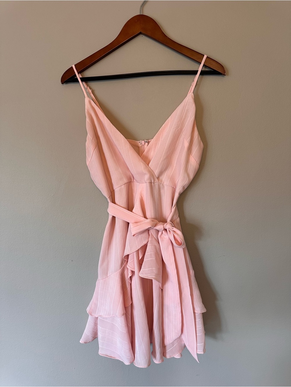 Hello Molly Pale Pink Spaghetti-Strap Ruffle Tie Mini Dress